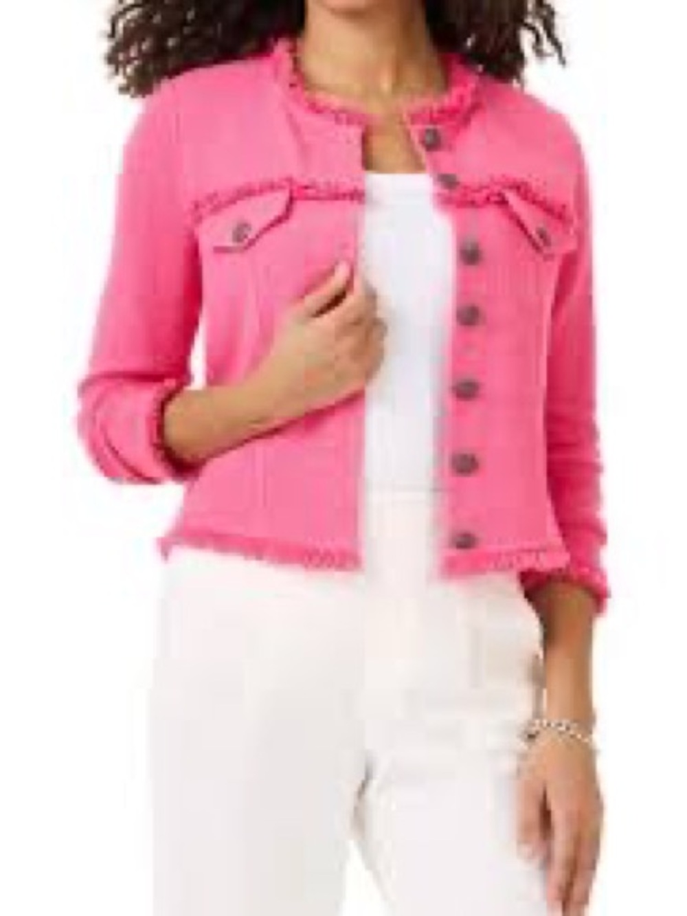 NIC + ZOE Fringe Mix Knit Jacket In Wild Pink Size L